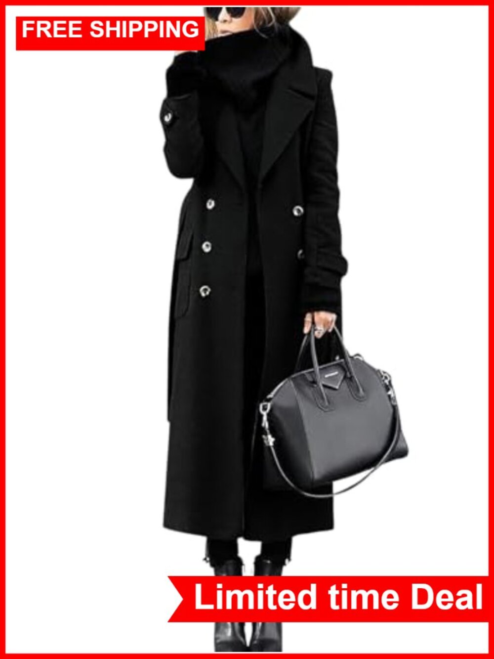 Womens Long Pea Coat Double Breasted Wool Blend Winter Overcoat